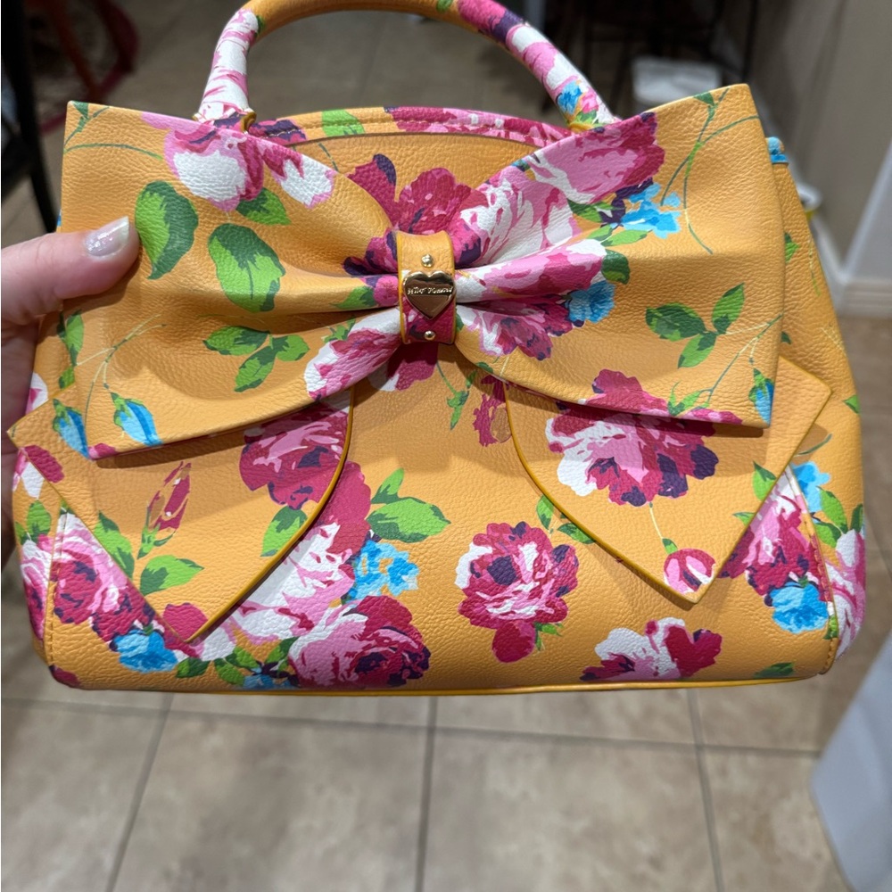 Yellow and Pink Floral Satchel with Bow Detail